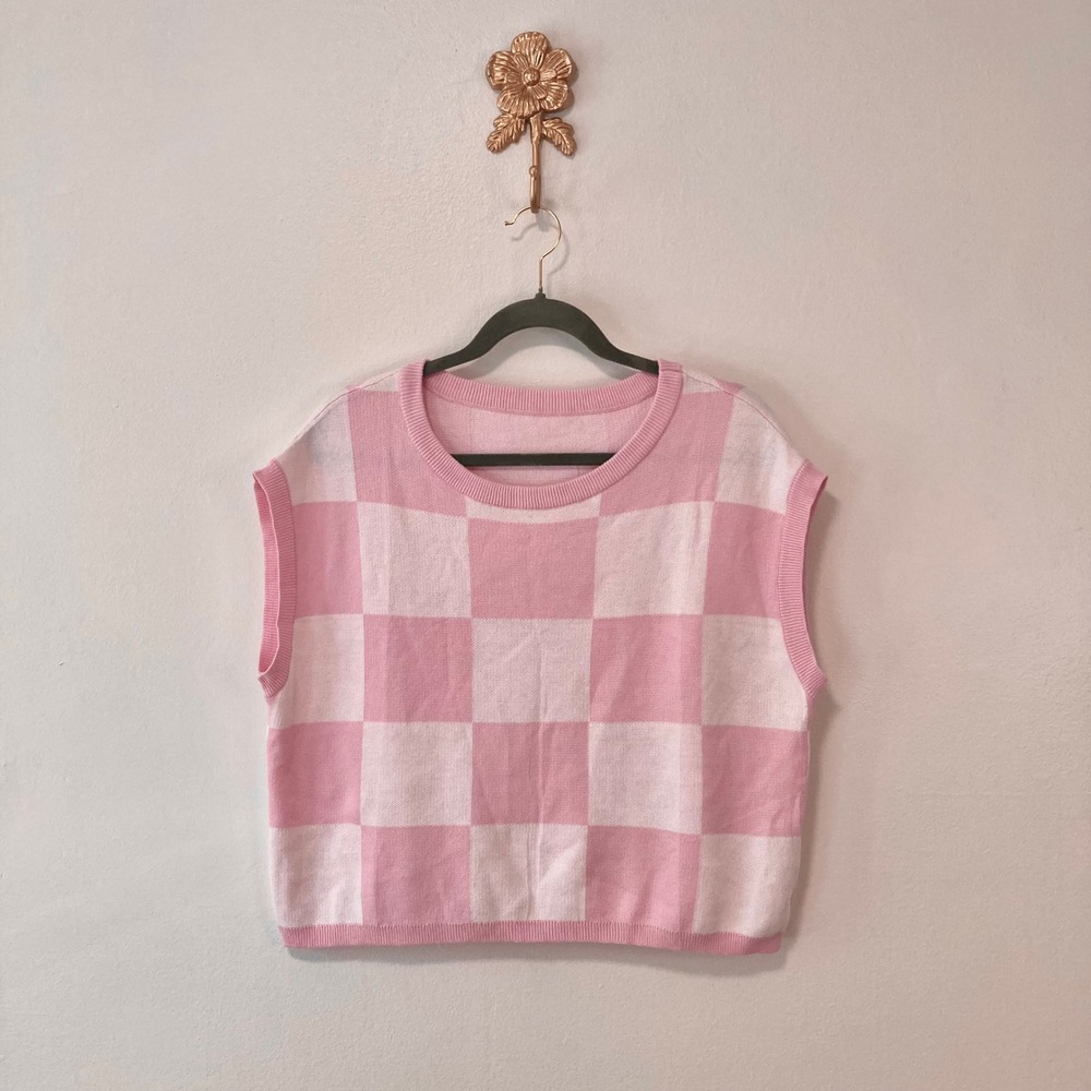 Y2K Preppy Pink Checkered Knit Sweater Vest S Pastel Retro Cottagecore Fall